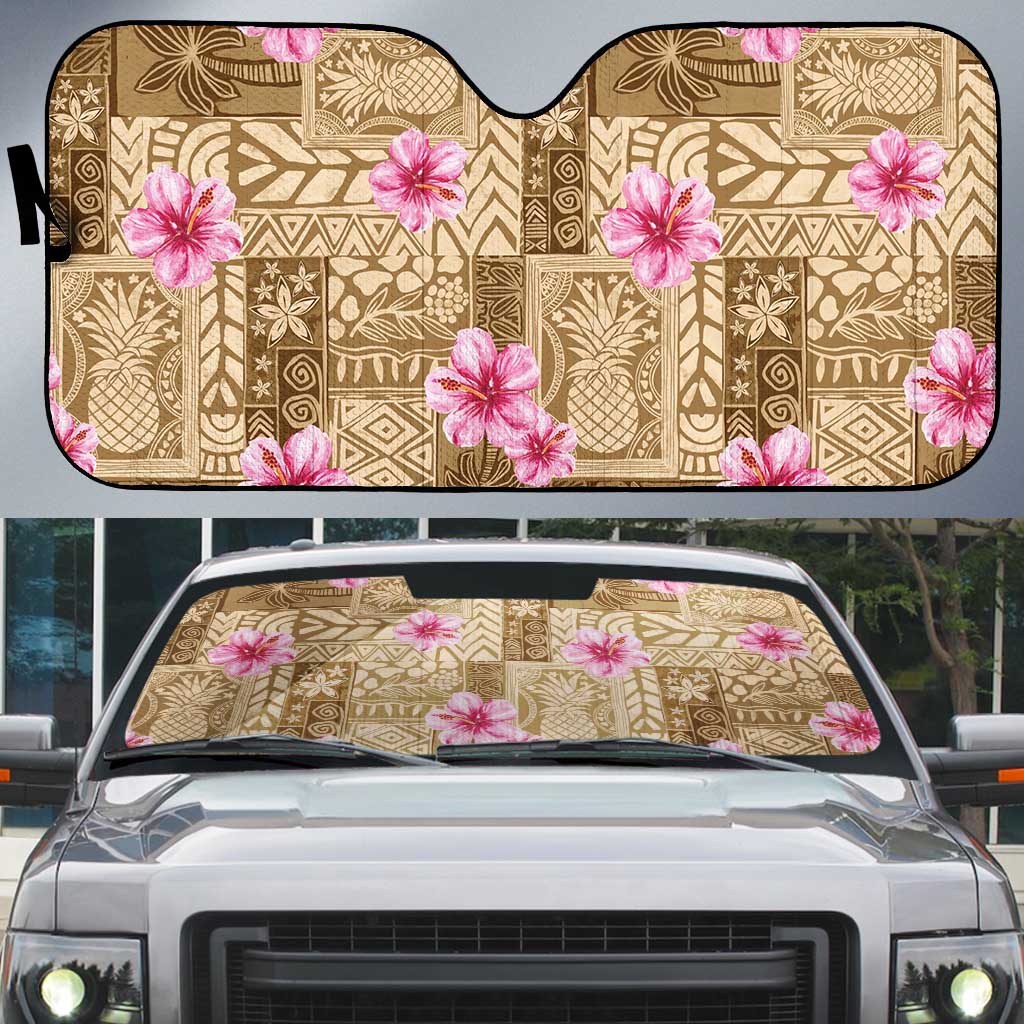 Beige Hawaii Hibiscus With Tropical Flowers Motifs Auto Sun Shade LT14 Beige - Polynesian Pride