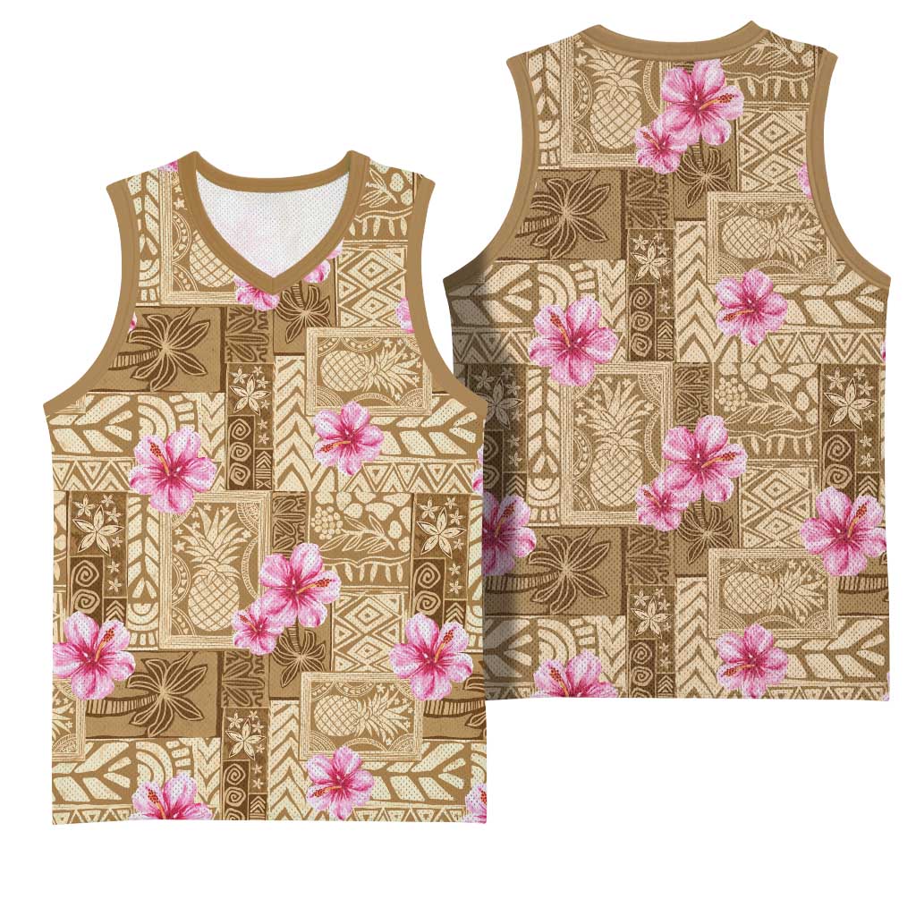 Beige Hawaii Hibiscus With Tropical Flowers Motifs Basketball Jersey - Polynesian Pride