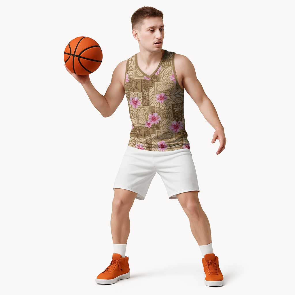 Beige Hawaii Hibiscus With Tropical Flowers Motifs Basketball Jersey - Polynesian Pride