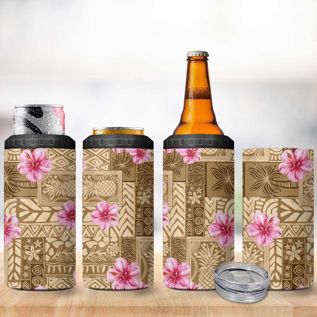 Beige Hawaii Hibiscus With Tropical Flowers Motifs 4 in 1 Can Cooler Tumbler - Polynesian Pride