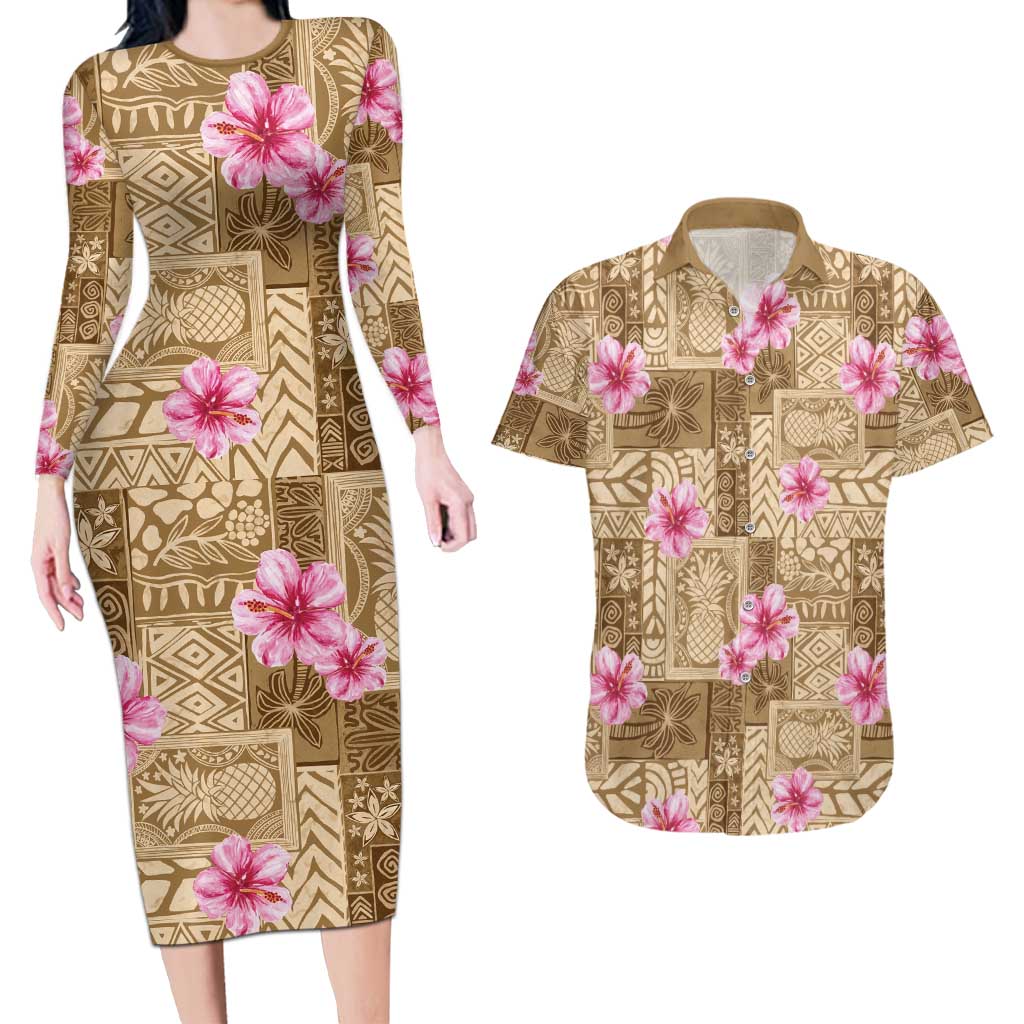 Beige Hawaii Hibiscus With Tropical Flowers Motifs Couples Matching Long Sleeve Bodycon Dress and Hawaiian Shirt LT14 Beige - Polynesian Pride