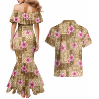 Beige Hawaii Hibiscus With Tropical Flowers Motifs Couples Matching Mermaid Dress and Hawaiian Shirt LT14 - Polynesian Pride