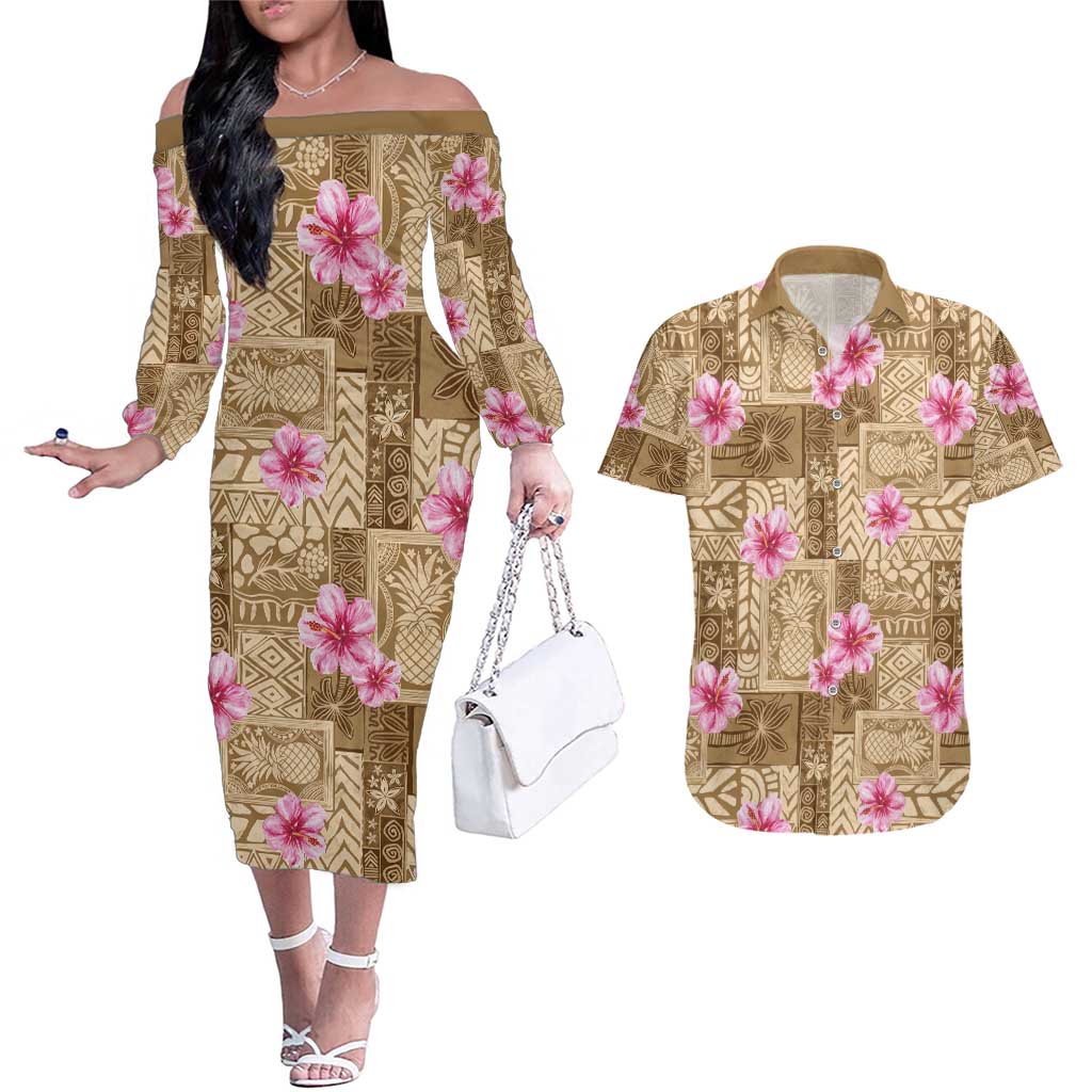 Beige Hawaii Hibiscus With Tropical Flowers Motifs Couples Matching Off The Shoulder Long Sleeve Dress and Hawaiian Shirt LT14 Beige - Polynesian Pride