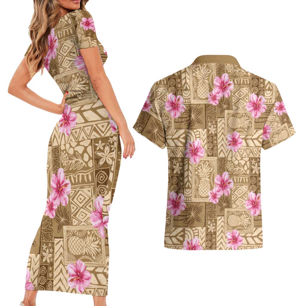 Beige Hawaii Hibiscus With Tropical Flowers Motifs Couples Matching Short Sleeve Bodycon Dress and Hawaiian Shirt LT14 - Polynesian Pride