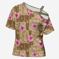Beige Hawaii Hibiscus With Tropical Flowers Motifs Cross Shoulder Shirt LT14 Female Beige - Polynesian Pride