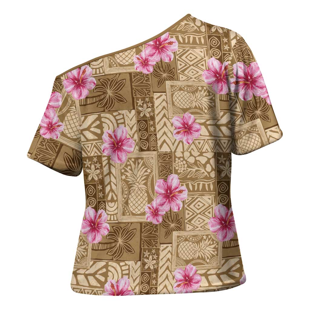 Beige Hawaii Hibiscus With Tropical Flowers Motifs Cross Shoulder Shirt LT14 - Polynesian Pride