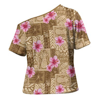 Beige Hawaii Hibiscus With Tropical Flowers Motifs Cross Shoulder Shirt LT14 - Polynesian Pride