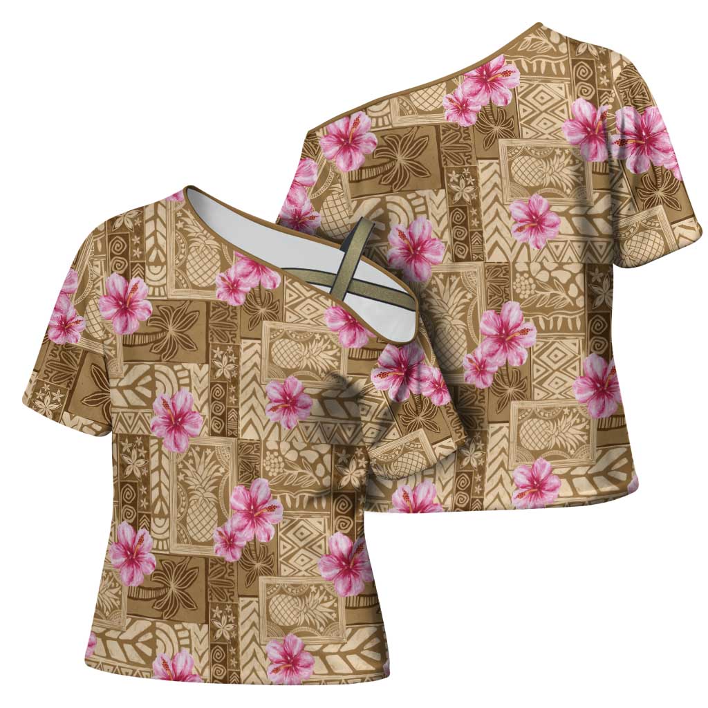 Beige Hawaii Hibiscus With Tropical Flowers Motifs Cross Shoulder Shirt LT14 - Polynesian Pride