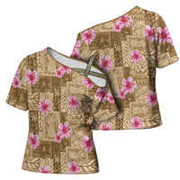 Beige Hawaii Hibiscus With Tropical Flowers Motifs Cross Shoulder Shirt LT14 - Polynesian Pride