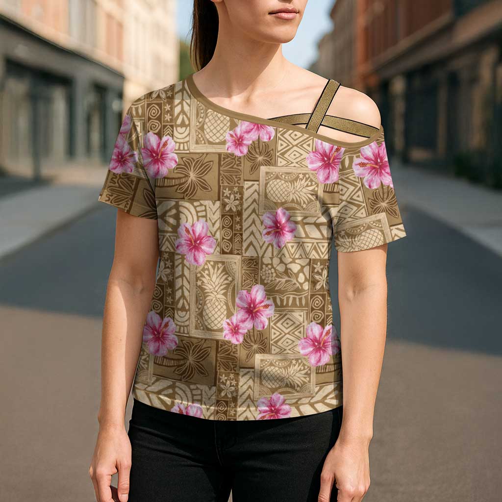 Beige Hawaii Hibiscus With Tropical Flowers Motifs Cross Shoulder Shirt LT14 - Polynesian Pride
