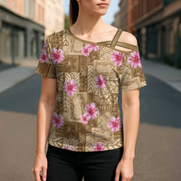 Beige Hawaii Hibiscus With Tropical Flowers Motifs Cross Shoulder Shirt LT14 - Polynesian Pride