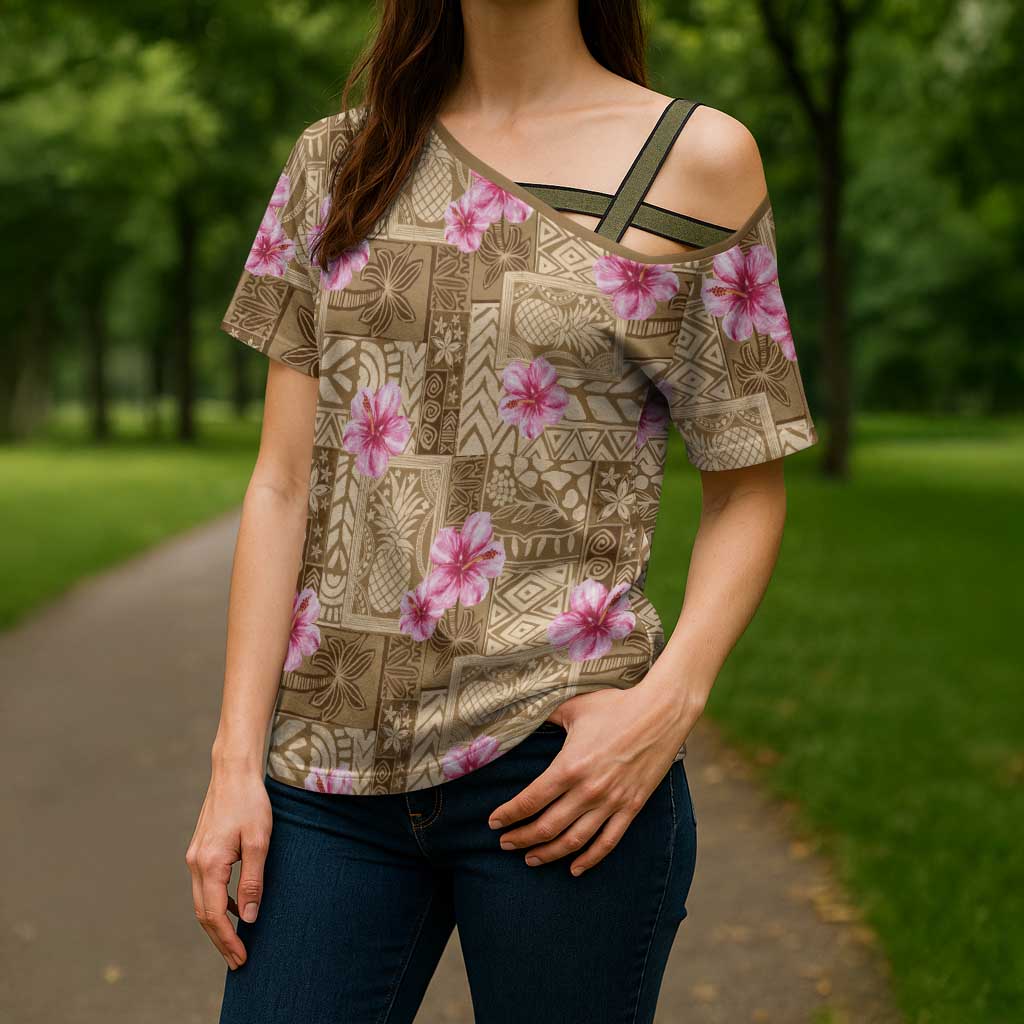 Beige Hawaii Hibiscus With Tropical Flowers Motifs Cross Shoulder Shirt LT14 - Polynesian Pride