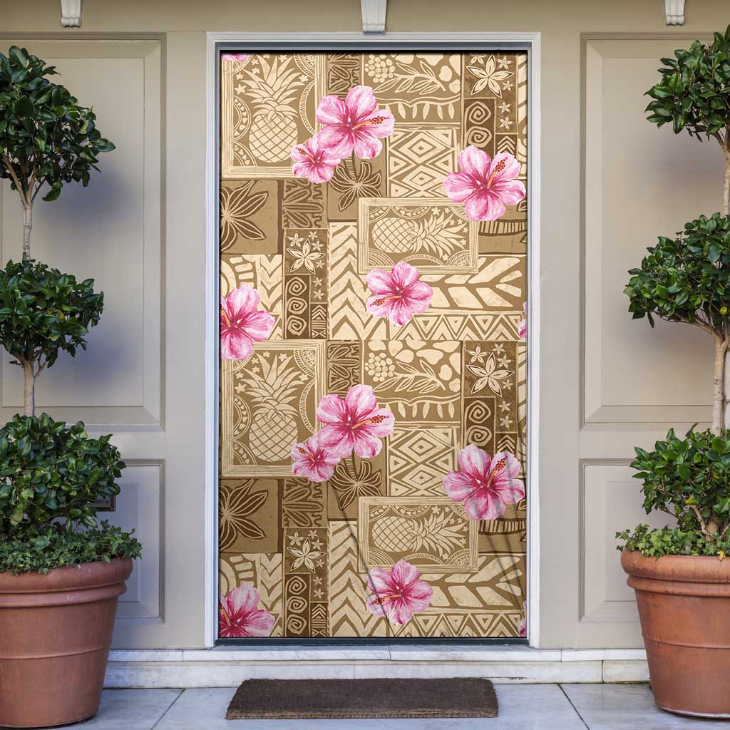 Beige Hawaii Hibiscus With Tropical Flowers Motifs Door Cover LT14 Beige - Polynesian Pride