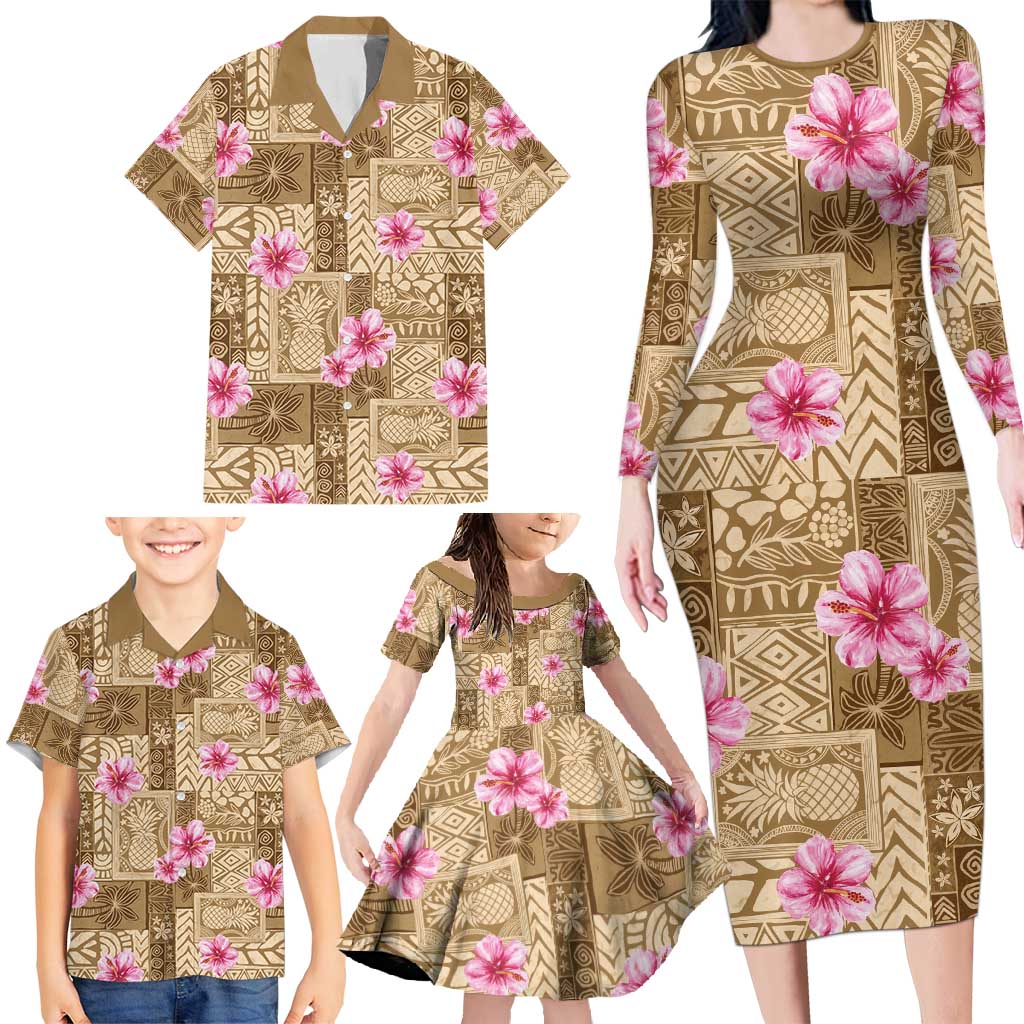 Beige Hawaii Hibiscus With Tropical Flowers Motifs Family Matching Long Sleeve Bodycon Dress and Hawaiian Shirt LT14 - Polynesian Pride
