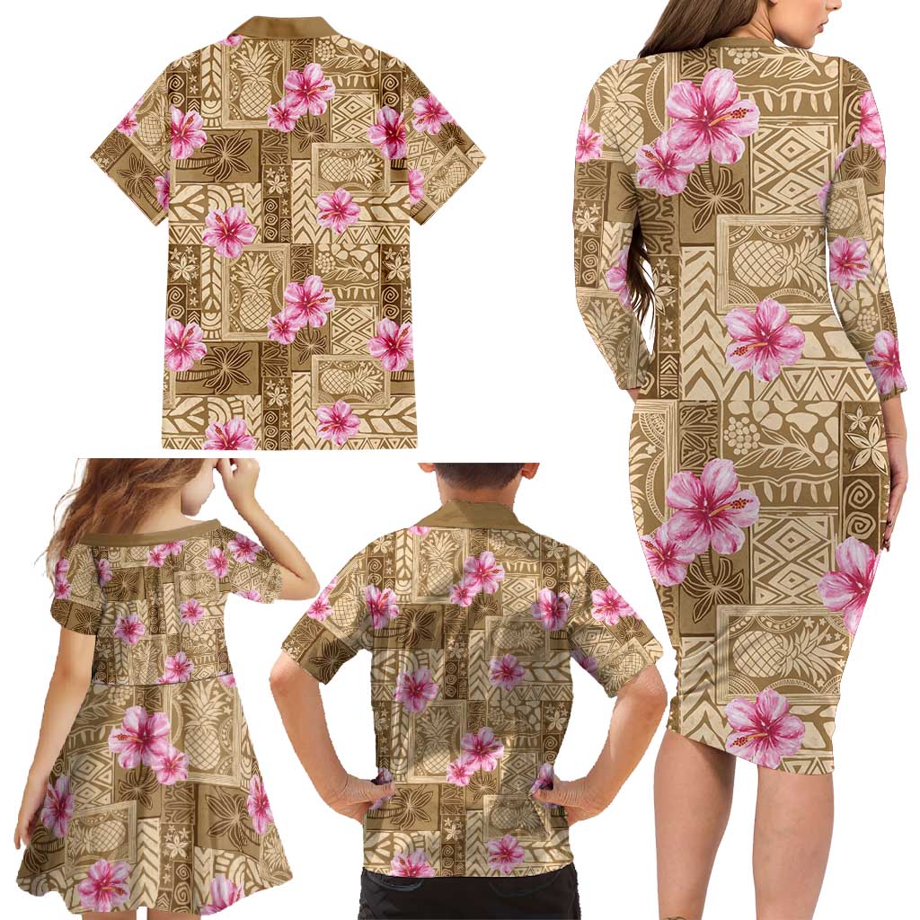 Beige Hawaii Hibiscus With Tropical Flowers Motifs Family Matching Long Sleeve Bodycon Dress and Hawaiian Shirt LT14 - Polynesian Pride