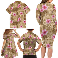Beige Hawaii Hibiscus With Tropical Flowers Motifs Family Matching Long Sleeve Bodycon Dress and Hawaiian Shirt LT14 - Polynesian Pride