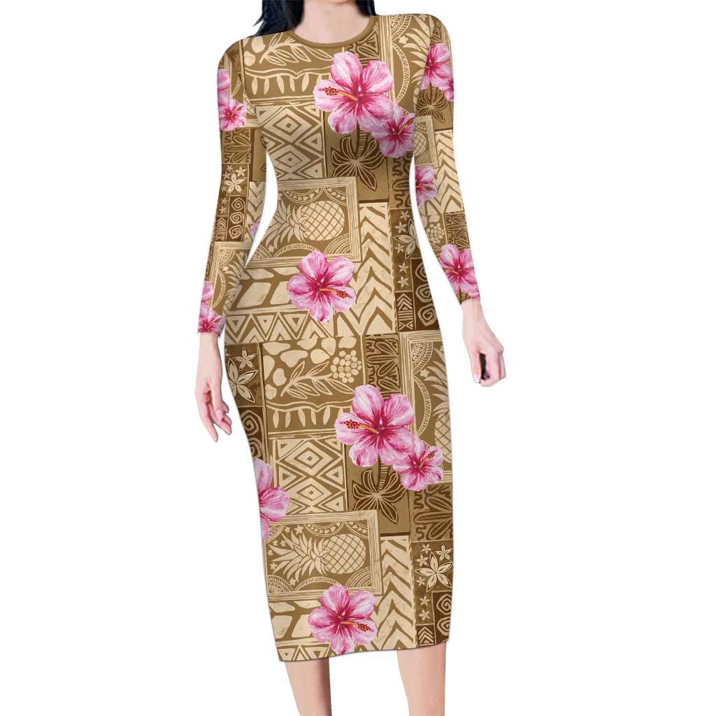 Beige Hawaii Hibiscus With Tropical Flowers Motifs Family Matching Long Sleeve Bodycon Dress and Hawaiian Shirt LT14 Mom's Dress Beige - Polynesian Pride