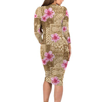 Beige Hawaii Hibiscus With Tropical Flowers Motifs Family Matching Long Sleeve Bodycon Dress and Hawaiian Shirt LT14 - Polynesian Pride