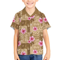 Beige Hawaii Hibiscus With Tropical Flowers Motifs Family Matching Long Sleeve Bodycon Dress and Hawaiian Shirt LT14 Son's Shirt Beige - Polynesian Pride