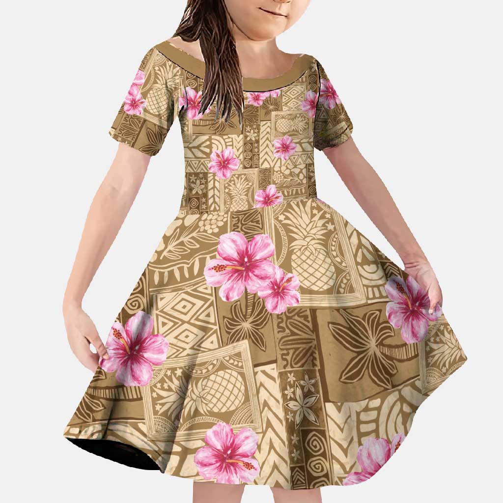 Beige Hawaii Hibiscus With Tropical Flowers Motifs Family Matching Mermaid Dress and Hawaiian Shirt LT14 Daughter's Dress Beige - Polynesian Pride