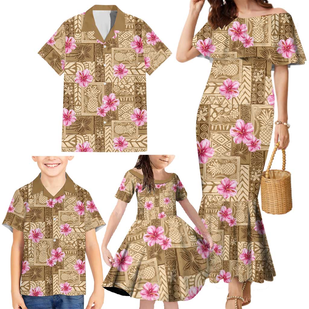 Beige Hawaii Hibiscus With Tropical Flowers Motifs Family Matching Mermaid Dress and Hawaiian Shirt LT14 - Polynesian Pride