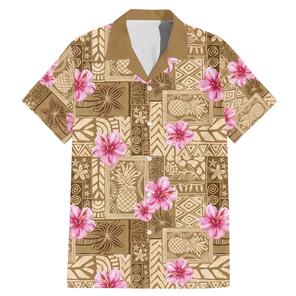 Beige Hawaii Hibiscus With Tropical Flowers Motifs Family Matching Mermaid Dress and Hawaiian Shirt LT14 Dad's Shirt - Short Sleeve Beige - Polynesian Pride