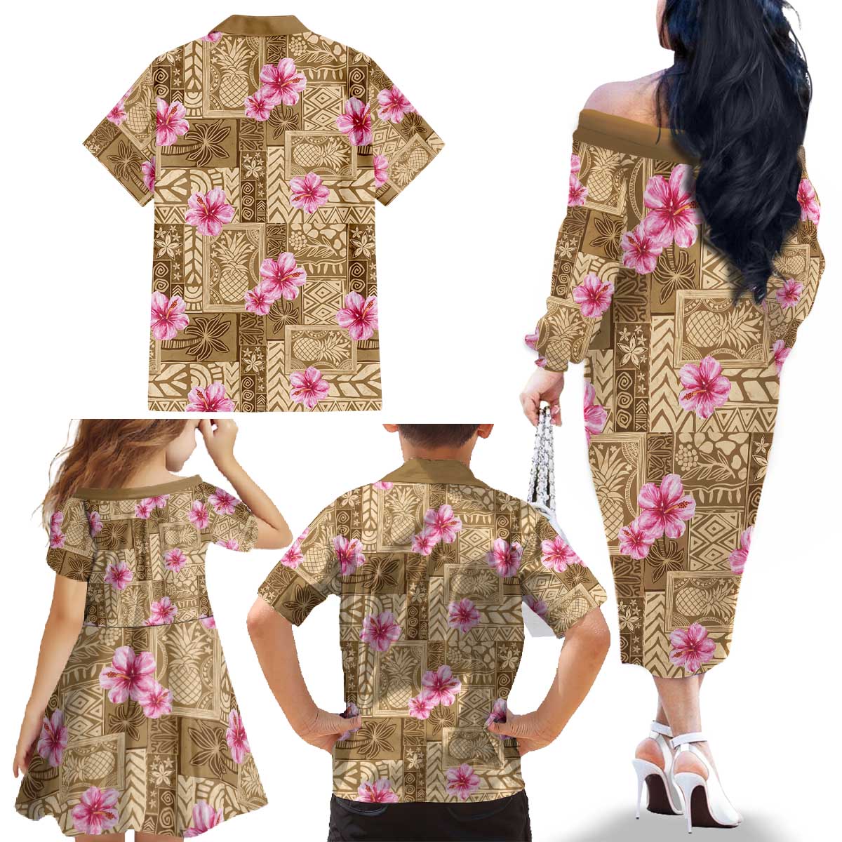 Beige Hawaii Hibiscus With Tropical Flowers Motifs Family Matching Off The Shoulder Long Sleeve Dress and Hawaiian Shirt LT14 - Polynesian Pride