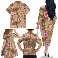 Beige Hawaii Hibiscus With Tropical Flowers Motifs Family Matching Off The Shoulder Long Sleeve Dress and Hawaiian Shirt LT14 - Polynesian Pride