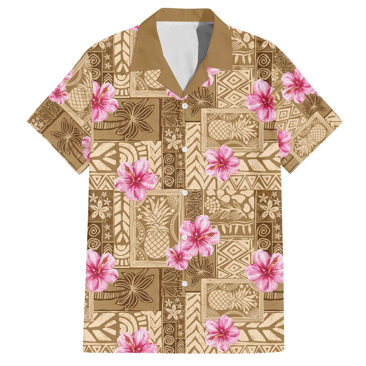 Beige Hawaii Hibiscus With Tropical Flowers Motifs Family Matching Off The Shoulder Long Sleeve Dress and Hawaiian Shirt LT14 Dad's Shirt - Short Sleeve Beige - Polynesian Pride