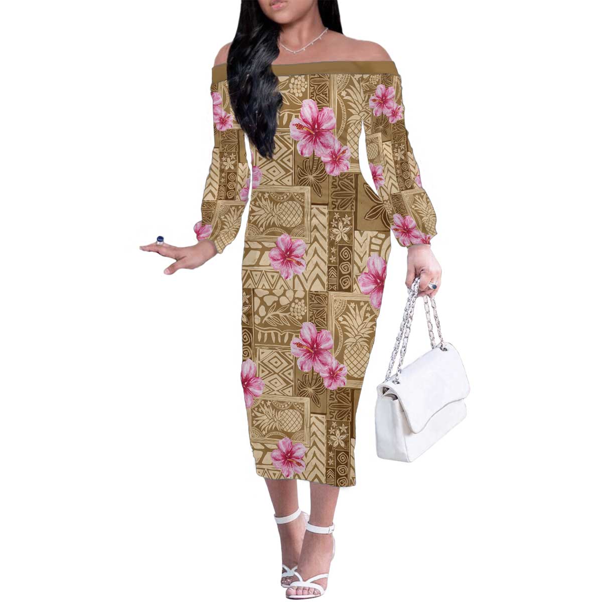 Beige Hawaii Hibiscus With Tropical Flowers Motifs Family Matching Off The Shoulder Long Sleeve Dress and Hawaiian Shirt LT14 Mom's Dress Beige - Polynesian Pride
