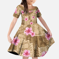 Beige Hawaii Hibiscus With Tropical Flowers Motifs Family Matching Off Shoulder Maxi Dress and Hawaiian Shirt LT14 Daughter's Dress Beige - Polynesian Pride