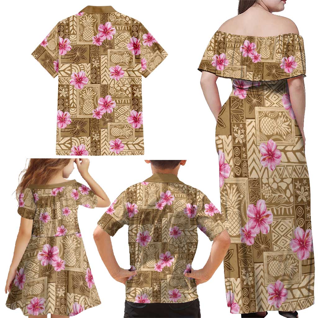 Beige Hawaii Hibiscus With Tropical Flowers Motifs Family Matching Off Shoulder Maxi Dress and Hawaiian Shirt LT14 - Polynesian Pride