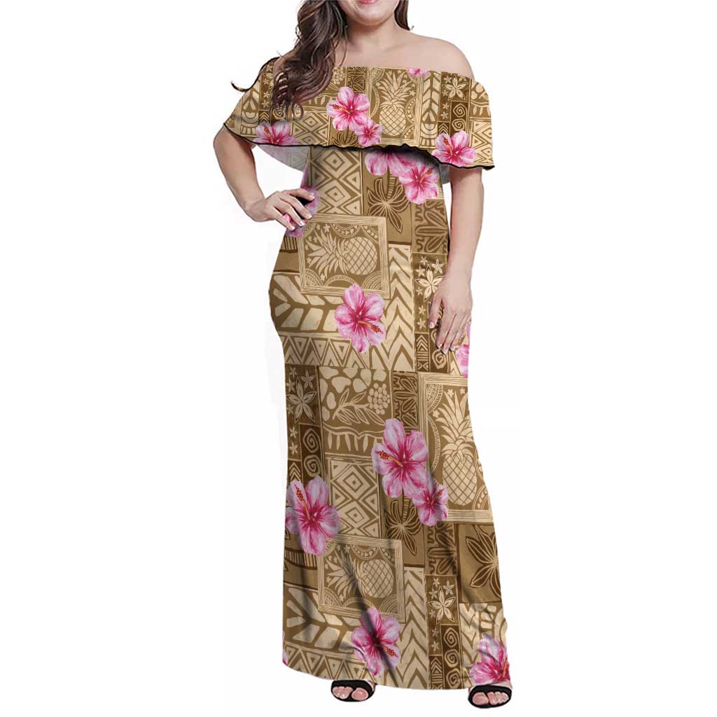 Beige Hawaii Hibiscus With Tropical Flowers Motifs Family Matching Off Shoulder Maxi Dress and Hawaiian Shirt LT14 Mom's Dress Beige - Polynesian Pride
