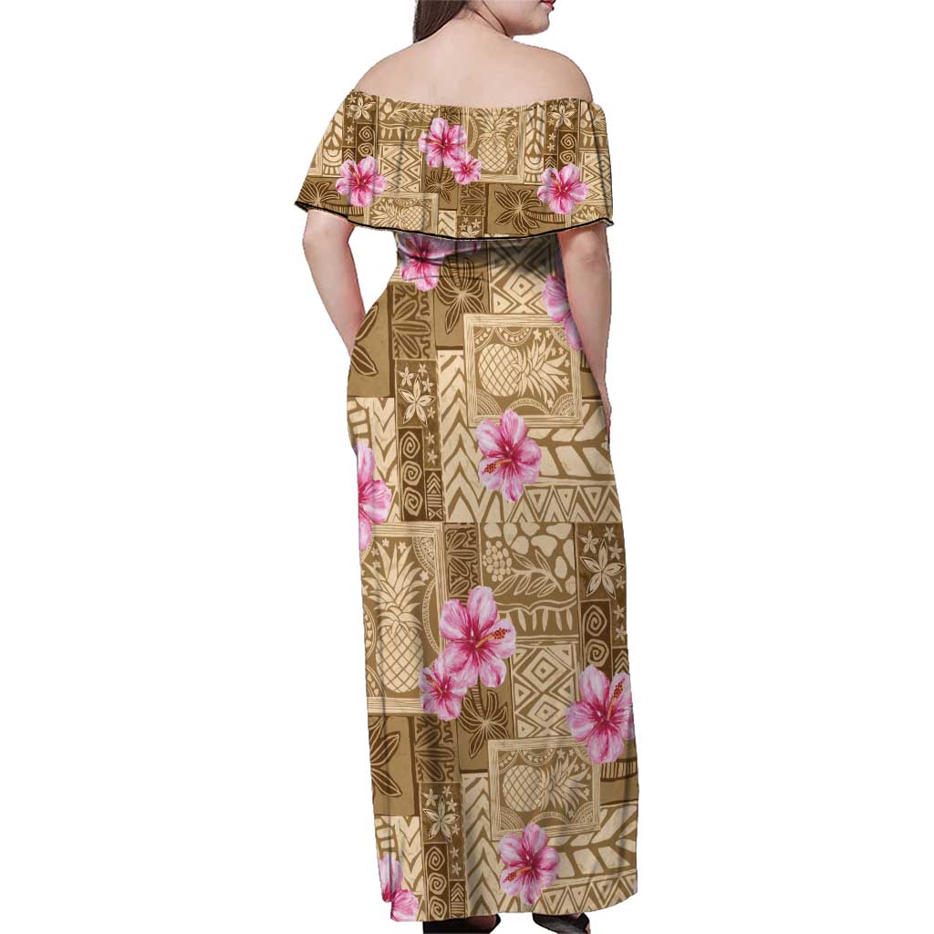 Beige Hawaii Hibiscus With Tropical Flowers Motifs Family Matching Off Shoulder Maxi Dress and Hawaiian Shirt LT14 - Polynesian Pride