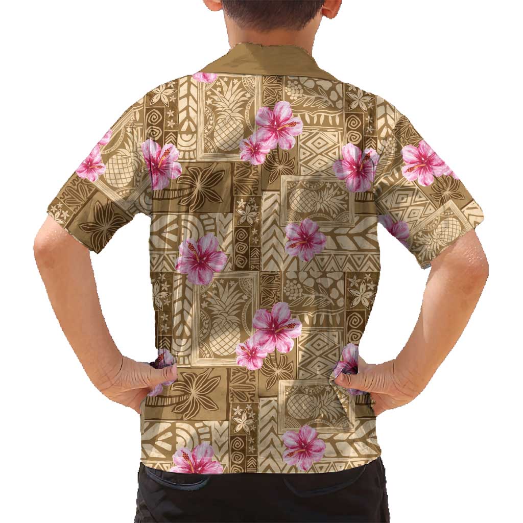 Beige Hawaii Hibiscus With Tropical Flowers Motifs Family Matching Off Shoulder Short Dress and Hawaiian Shirt LT14 - Polynesian Pride