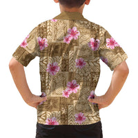 Beige Hawaii Hibiscus With Tropical Flowers Motifs Family Matching Off Shoulder Short Dress and Hawaiian Shirt LT14 - Polynesian Pride