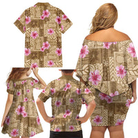 Beige Hawaii Hibiscus With Tropical Flowers Motifs Family Matching Off Shoulder Short Dress and Hawaiian Shirt LT14 - Polynesian Pride