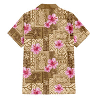 Beige Hawaii Hibiscus With Tropical Flowers Motifs Family Matching Off Shoulder Short Dress and Hawaiian Shirt LT14 - Polynesian Pride