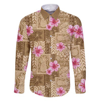 Beige Hawaii Hibiscus With Tropical Flowers Motifs Family Matching Off Shoulder Short Dress and Hawaiian Shirt LT14 Dad's Shirt - Long Sleeve Beige - Polynesian Pride