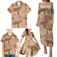 Beige Hawaii Hibiscus With Tropical Flowers Motifs Family Matching Puletasi and Hawaiian Shirt LT14 - Polynesian Pride