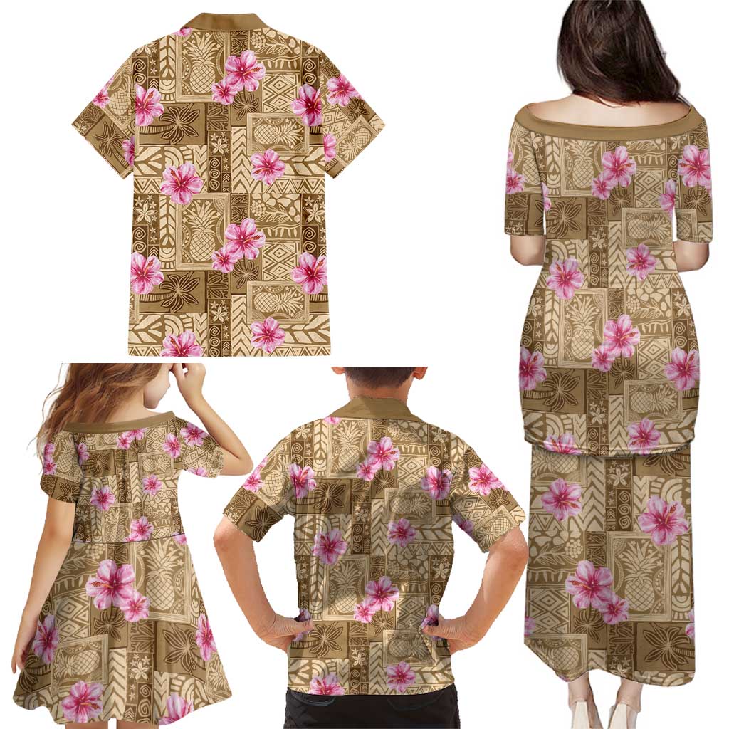 Beige Hawaii Hibiscus With Tropical Flowers Motifs Family Matching Puletasi and Hawaiian Shirt LT14 - Polynesian Pride
