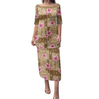 Beige Hawaii Hibiscus With Tropical Flowers Motifs Family Matching Puletasi and Hawaiian Shirt LT14 Mom's Dress Beige - Polynesian Pride
