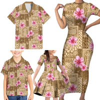 Beige Hawaii Hibiscus With Tropical Flowers Motifs Family Matching Short Sleeve Bodycon Dress and Hawaiian Shirt LT14 - Polynesian Pride