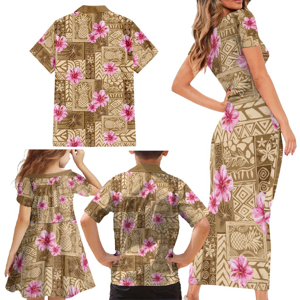 Beige Hawaii Hibiscus With Tropical Flowers Motifs Family Matching Short Sleeve Bodycon Dress and Hawaiian Shirt LT14 - Polynesian Pride