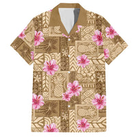 Beige Hawaii Hibiscus With Tropical Flowers Motifs Family Matching Short Sleeve Bodycon Dress and Hawaiian Shirt LT14 Dad's Shirt - Short Sleeve Beige - Polynesian Pride