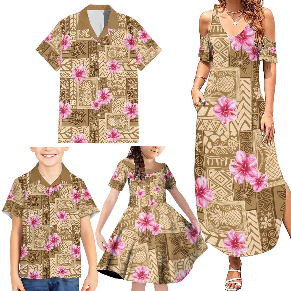 Beige Hawaii Hibiscus With Tropical Flowers Motifs Family Matching Summer Maxi Dress and Hawaiian Shirt LT14 - Polynesian Pride