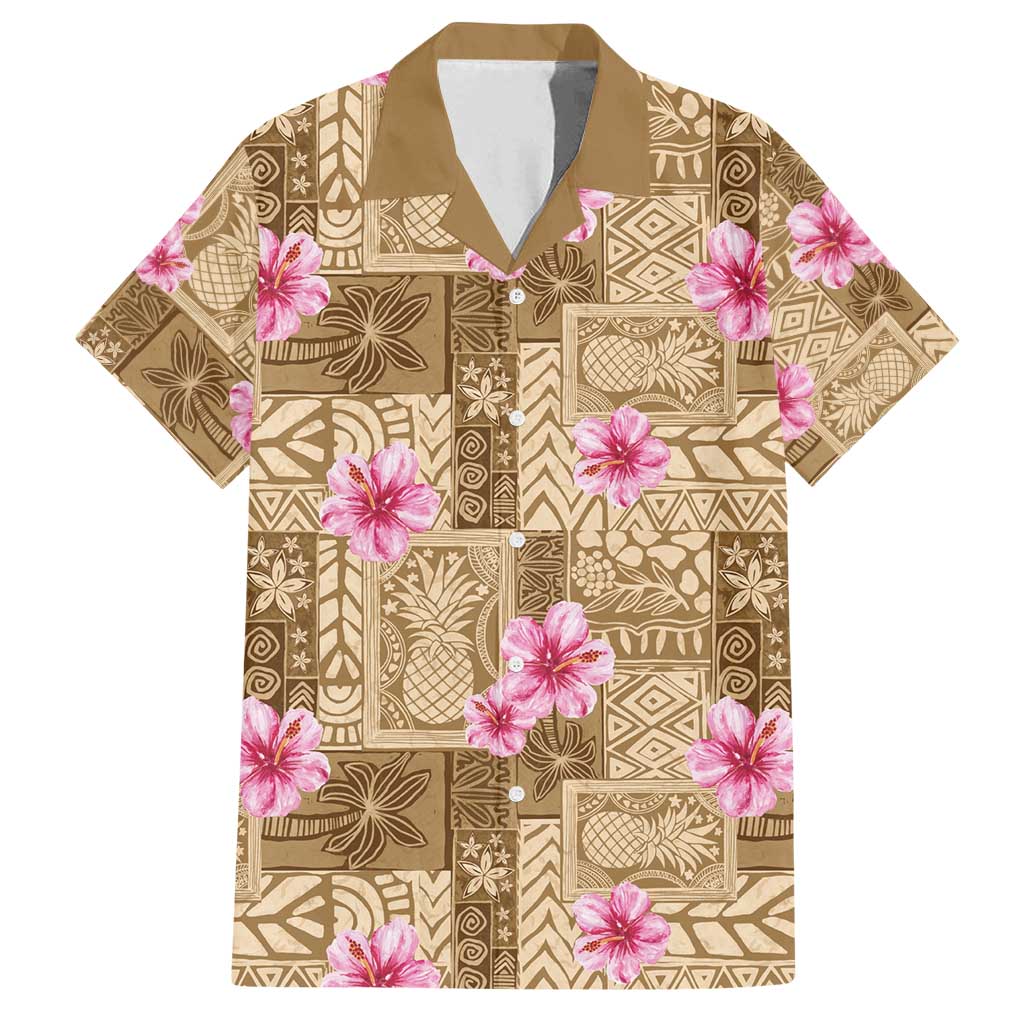 Beige Hawaii Hibiscus With Tropical Flowers Motifs Family Matching Summer Maxi Dress and Hawaiian Shirt LT14 Dad's Shirt - Short Sleeve Beige - Polynesian Pride