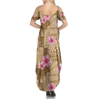 Beige Hawaii Hibiscus With Tropical Flowers Motifs Family Matching Summer Maxi Dress and Hawaiian Shirt LT14 - Polynesian Pride