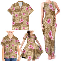 Beige Hawaii Hibiscus With Tropical Flowers Motifs Family Matching Tank Maxi Dress and Hawaiian Shirt LT14 - Polynesian Pride