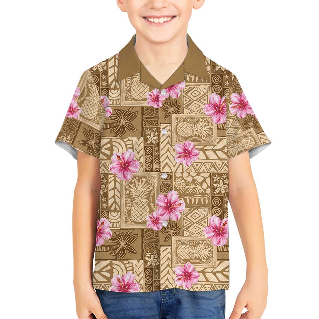 Beige Hawaii Hibiscus With Tropical Flowers Motifs Family Matching Tank Maxi Dress and Hawaiian Shirt LT14 Son's Shirt Beige - Polynesian Pride